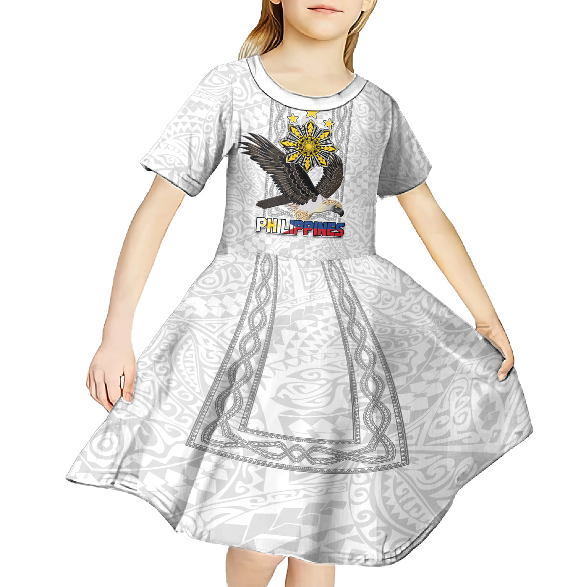 Philippines Eagle Week Kid Short Sleeve Dress Polynesian Pattern Barong Style
