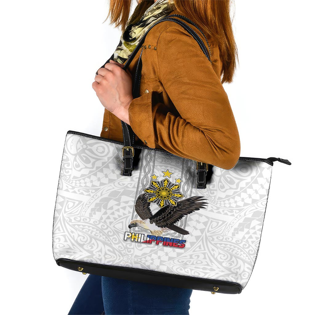 Philippines Eagle Week Leather Tote Bag Polynesian Pattern Barong Style LT03 White - Polynesian Pride