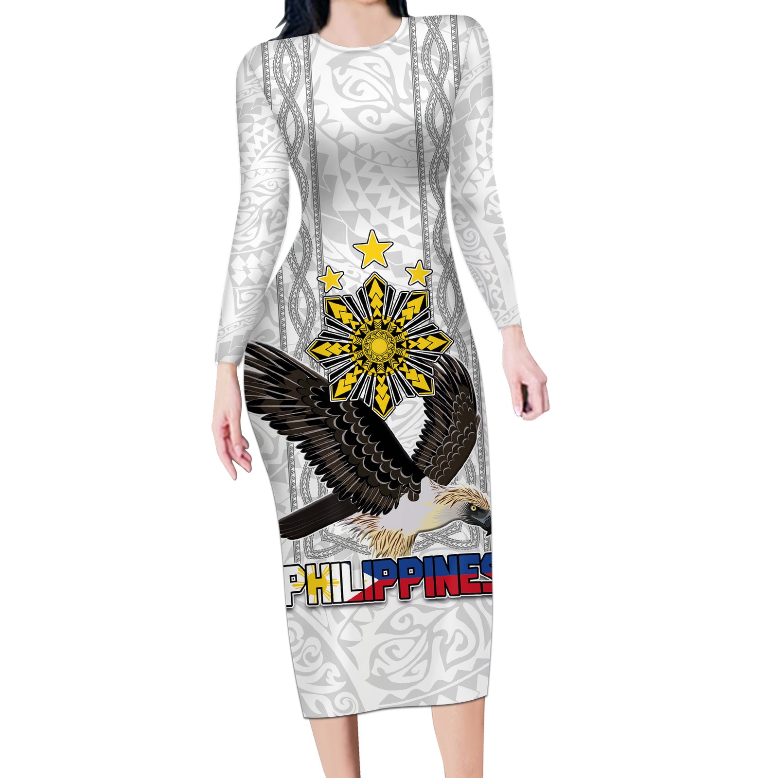 Philippines Eagle Week Long Sleeve Bodycon Dress Polynesian Pattern Barong Style LT03 Long Dress White - Polynesian Pride
