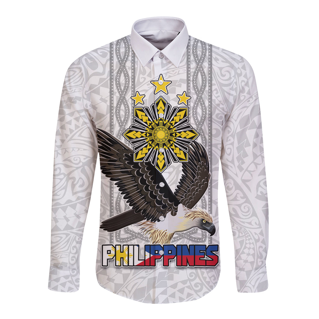 Philippines Eagle Week Long Sleeve Button Shirt Polynesian Pattern Barong Style LT03 Unisex White - Polynesian Pride