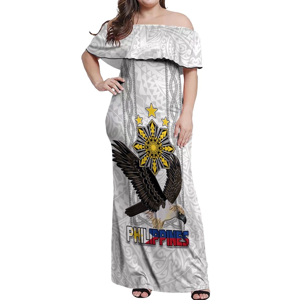 Philippines Eagle Week Off Shoulder Maxi Dress Polynesian Pattern Barong Style LT03 Women White - Polynesian Pride