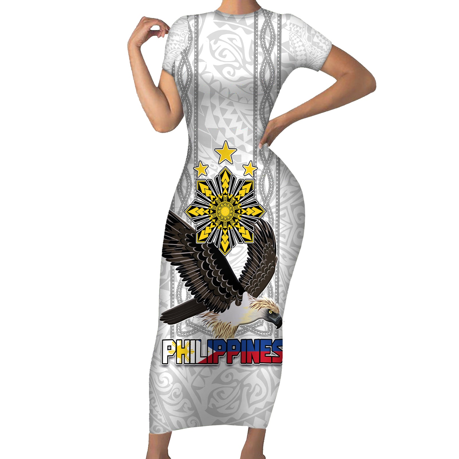 Philippines Eagle Week Short Sleeve Bodycon Dress Polynesian Pattern Barong Style