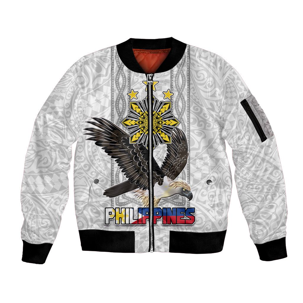 Philippines Eagle Week Sleeve Zip Bomber Jacket Polynesian Pattern Barong Style LT03 Unisex White - Polynesian Pride