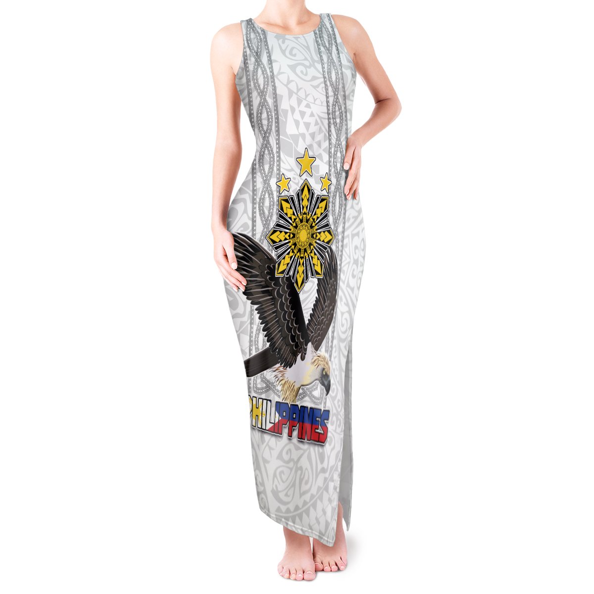 Philippines Eagle Week Tank Maxi Dress Polynesian Pattern Barong Style LT03 Women White - Polynesian Pride