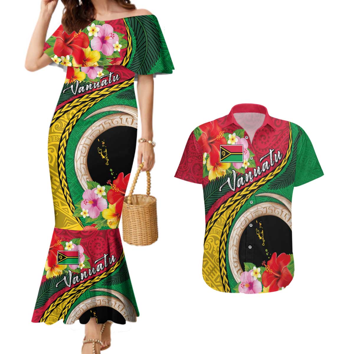 Vanuatu Tribal Boar Tusk Couples Matching Mermaid Dress and Hawaiian Shirt Tropical Plants with Namele and Melanesian Pattern