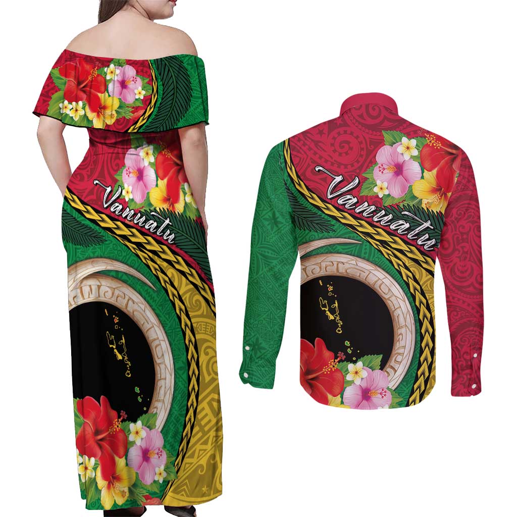 Vanuatu Tribal Boar Tusk Couples Matching Off Shoulder Maxi Dress and Long Sleeve Button Shirt Tropical Plants with Namele and Melanesian Pattern