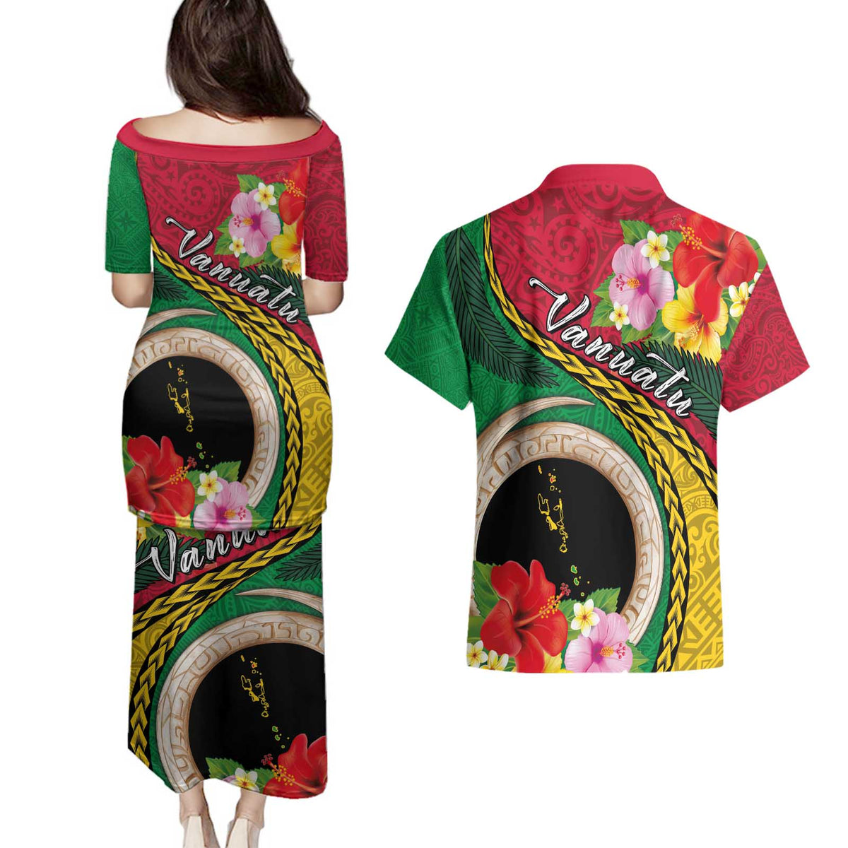 Vanuatu Tribal Boar Tusk Couples Matching Puletasi and Hawaiian Shirt Tropical Plants with Namele and Melanesian Pattern