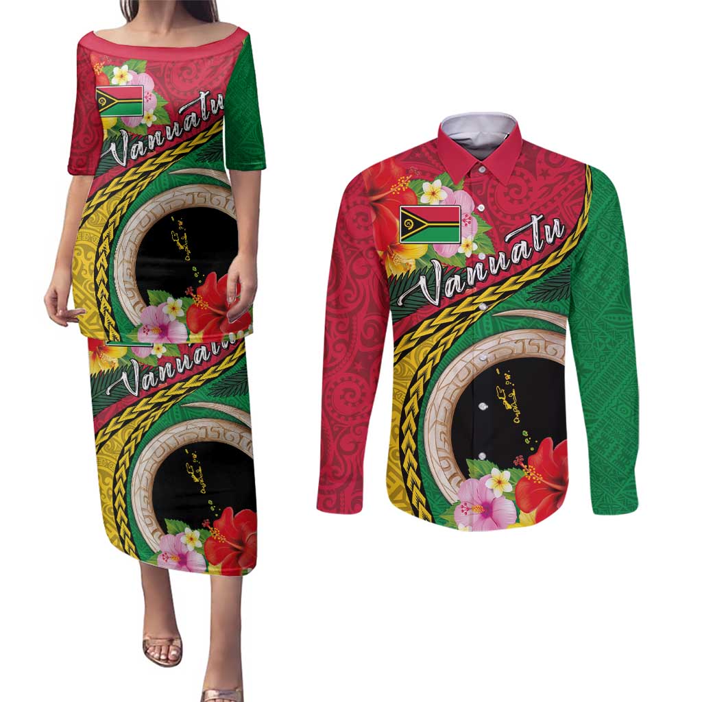 Vanuatu Tribal Boar Tusk Couples Matching Puletasi and Long Sleeve Button Shirt Tropical Plants with Namele and Melanesian Pattern
