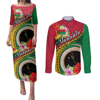 Vanuatu Tribal Boar Tusk Couples Matching Puletasi and Long Sleeve Button Shirt Tropical Plants with Namele and Melanesian Pattern