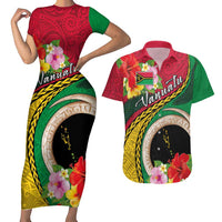 Vanuatu Tribal Boar Tusk Couples Matching Short Sleeve Bodycon Dress and Hawaiian Shirt Tropical Plants with Namele and Melanesian Pattern