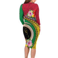 Vanuatu Tribal Boar Tusk Family Matching Long Sleeve Bodycon Dress and Hawaiian Shirt Tropical Plants with Namele and Melanesian Pattern