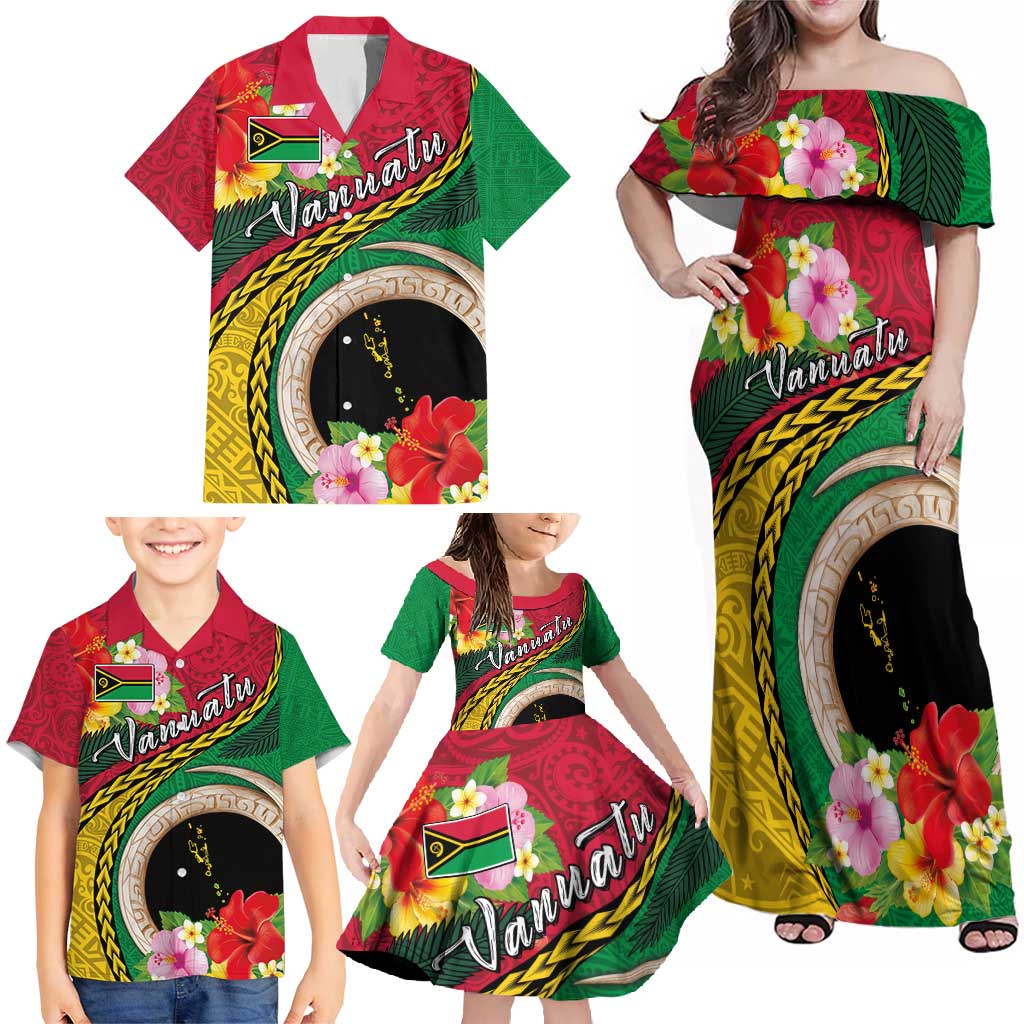 Vanuatu Tribal Boar Tusk Family Matching Off Shoulder Maxi Dress and Hawaiian Shirt Tropical Plants with Namele and Melanesian Pattern