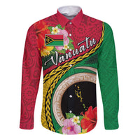 Vanuatu Tribal Boar Tusk Family Matching Off Shoulder Maxi Dress and Hawaiian Shirt Tropical Plants with Namele and Melanesian Pattern LT03 Dad's Shirt - Long Sleeve Red - Polynesian Pride