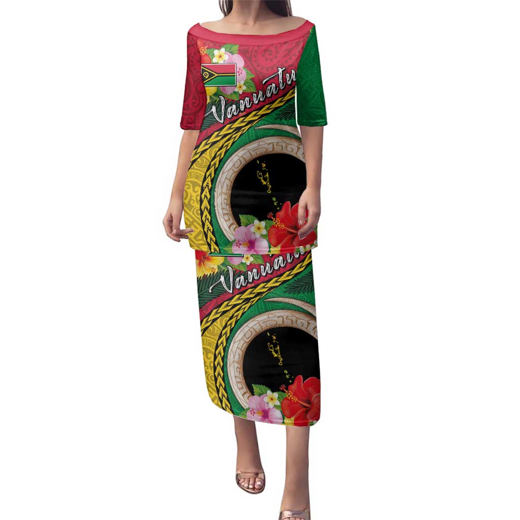 Vanuatu Tribal Boar Tusk Family Matching Puletasi and Hawaiian Shirt Tropical Plants with Namele and Melanesian Pattern