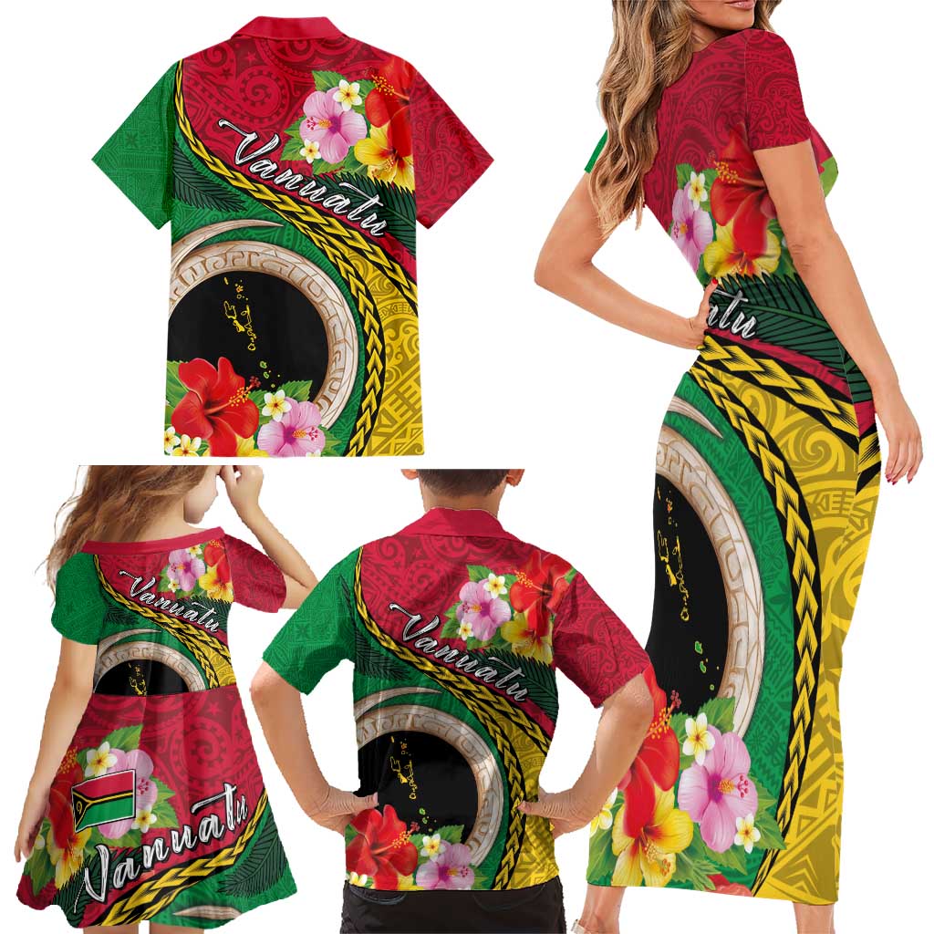 Vanuatu Tribal Boar Tusk Family Matching Short Sleeve Bodycon Dress and Hawaiian Shirt Tropical Plants with Namele and Melanesian Pattern