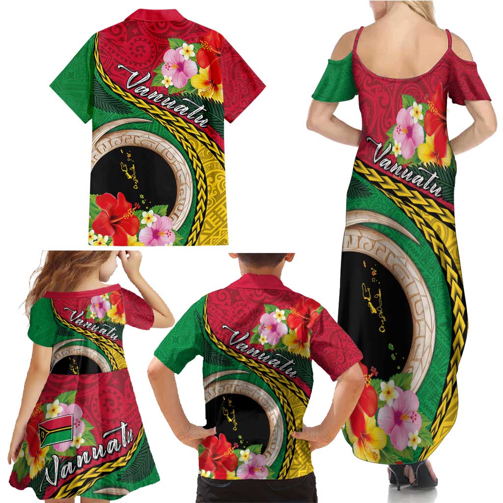 Vanuatu Tribal Boar Tusk Family Matching Summer Maxi Dress and Hawaiian Shirt Tropical Plants with Namele and Melanesian Pattern