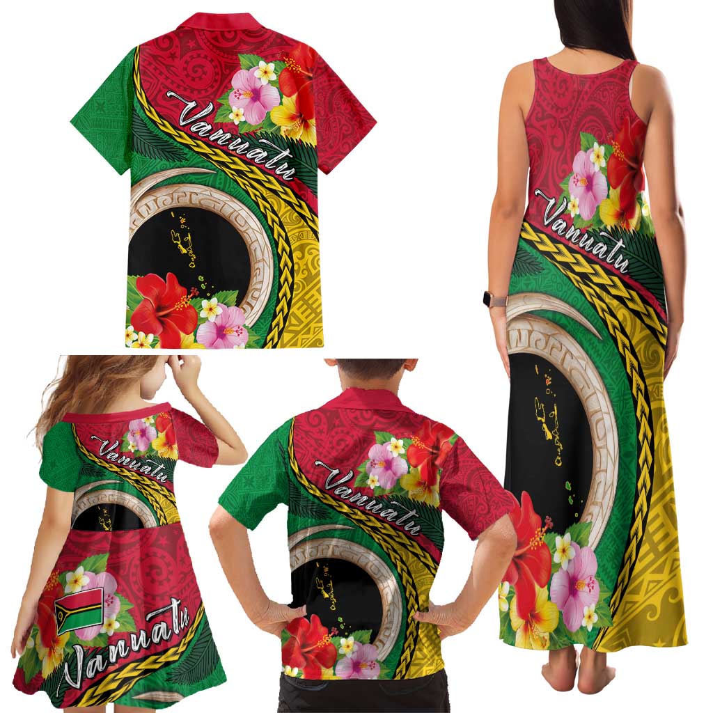 Vanuatu Tribal Boar Tusk Family Matching Tank Maxi Dress and Hawaiian Shirt Tropical Plants with Namele and Melanesian Pattern