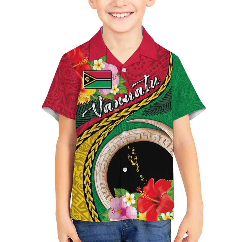 Vanuatu Tribal Boar Tusk Kid Hawaiian Shirt Tropical Plants with Namele and Melanesian Pattern