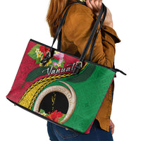 Vanuatu Tribal Boar Tusk Leather Tote Bag Tropical Plants with Namele and Melanesian Pattern