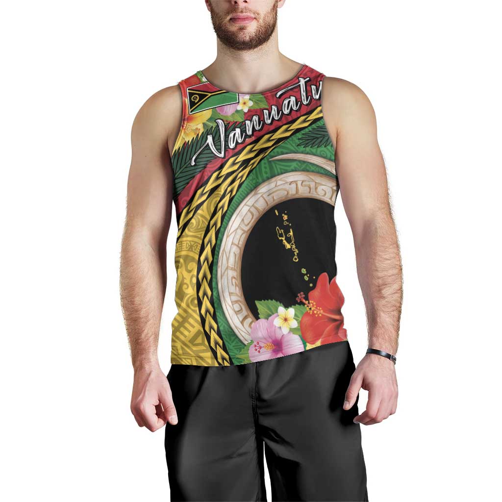 Vanuatu Tribal Boar Tusk Men Tank Top Tropical Plants with Namele and Melanesian Pattern
