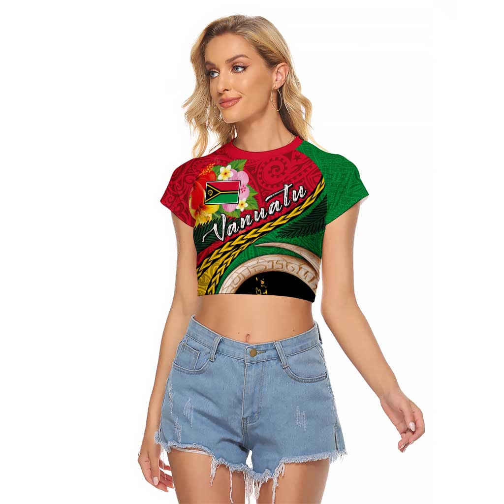 Vanuatu Tribal Boar Tusk Raglan Cropped T Shirt Tropical Plants with Namele and Melanesian Pattern