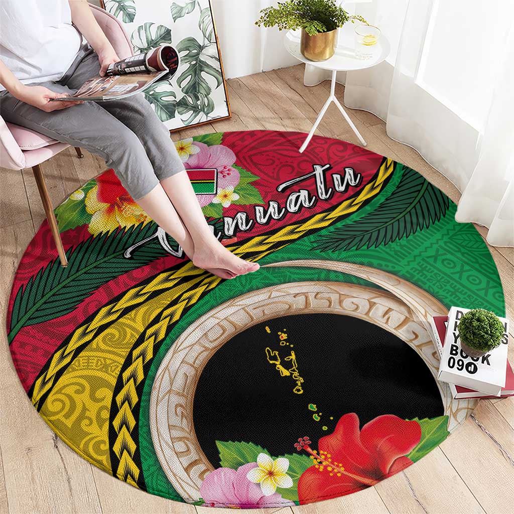 Vanuatu Tribal Boar Tusk Round Carpet Tropical Plants with Namele and Melanesian Pattern