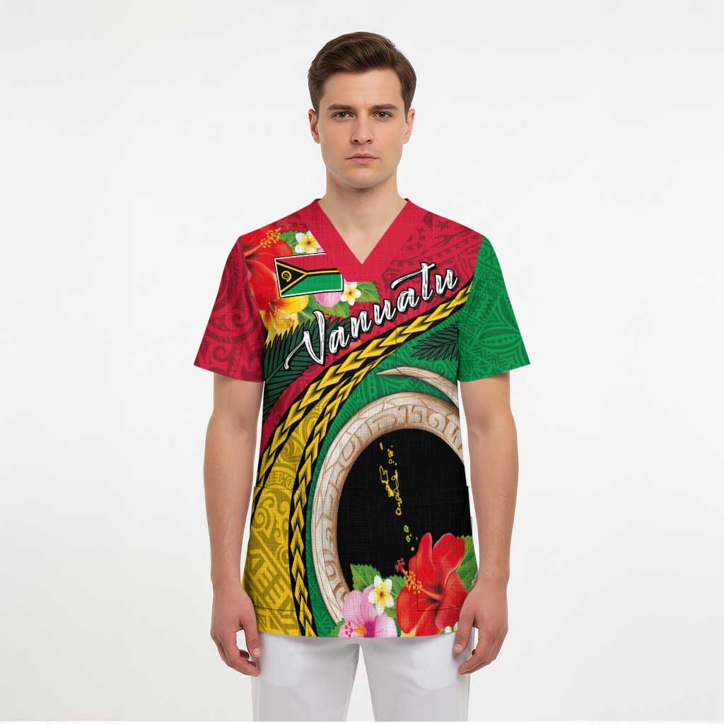 Vanuatu Tribal Boar Tusk Scrub Top Tropical Plants with Namele and Melanesian Pattern - Polynesian Pride