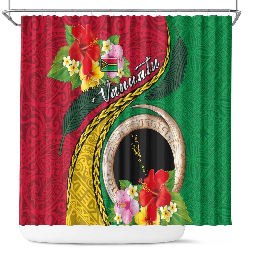Vanuatu Tribal Boar Tusk Shower Curtain Tropical Plants with Namele and Melanesian Pattern
