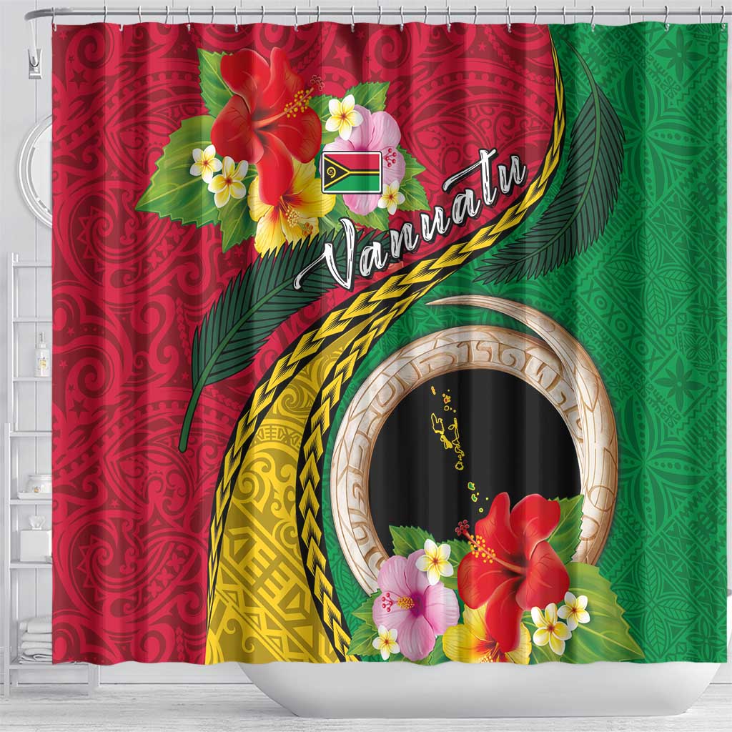 Vanuatu Tribal Boar Tusk Shower Curtain Tropical Plants with Namele and Melanesian Pattern