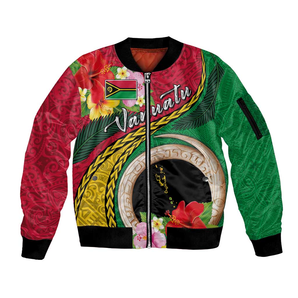 Vanuatu Tribal Boar Tusk Sleeve Zip Bomber Jacket Tropical Plants with Namele and Melanesian Pattern LT03 Unisex Red - Polynesian Pride