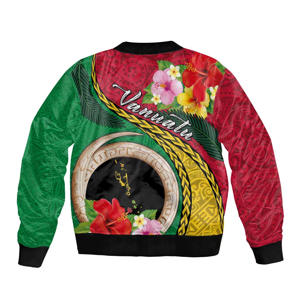 Vanuatu Tribal Boar Tusk Sleeve Zip Bomber Jacket Tropical Plants with Namele and Melanesian Pattern LT03 - Polynesian Pride