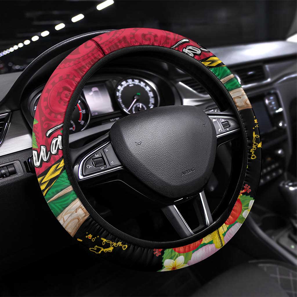 Vanuatu Tribal Boar Tusk Steering Wheel Cover Tropical Plants with Namele and Melanesian Pattern
