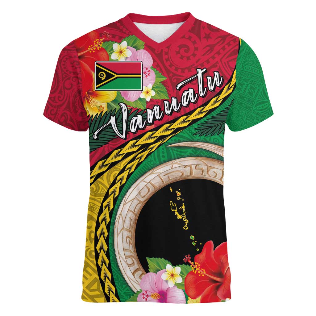 Vanuatu Tribal Boar Tusk Women V-Neck T-Shirt Tropical Plants with Namele and Melanesian Pattern