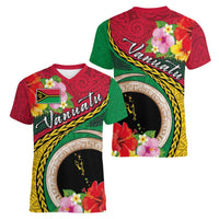 Vanuatu Tribal Boar Tusk Women V-Neck T-Shirt Tropical Plants with Namele and Melanesian Pattern