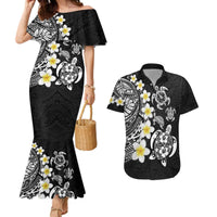 Hawaiian Plumeria Turtles Couples Matching Mermaid Dress and Hawaiian Shirt Polynesian Art Tattoo