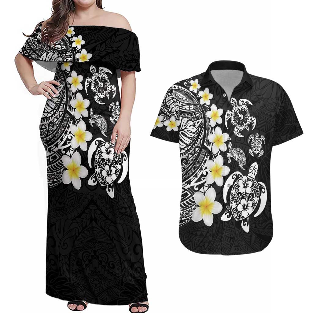 Hawaiian Plumeria Turtles Couples Matching Off Shoulder Maxi Dress and Hawaiian Shirt Polynesian Art Tattoo