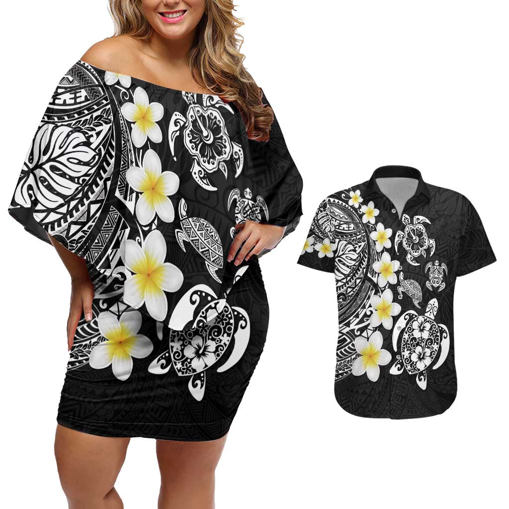 Hawaiian Plumeria Turtles Couples Matching Off Shoulder Short Dress and Hawaiian Shirt Polynesian Art Tattoo