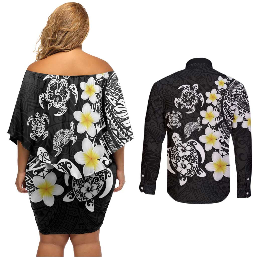 Hawaiian Plumeria Turtles Couples Matching Off Shoulder Short Dress and Long Sleeve Button Shirt Polynesian Art Tattoo