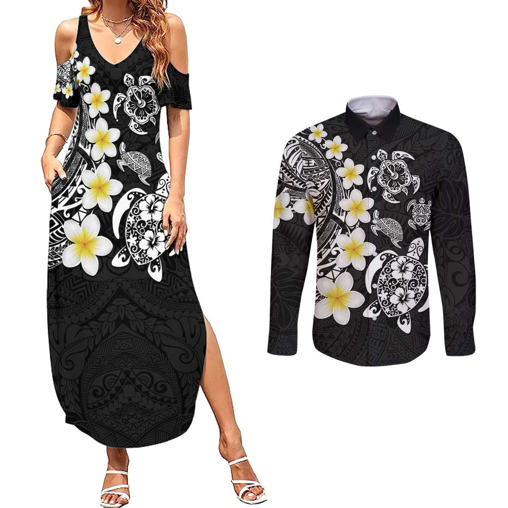 Hawaiian Plumeria Turtles Couples Matching Summer Maxi Dress and Long Sleeve Button Shirt Polynesian Art Tattoo