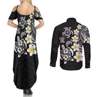 Hawaiian Plumeria Turtles Couples Matching Summer Maxi Dress and Long Sleeve Button Shirt Polynesian Art Tattoo