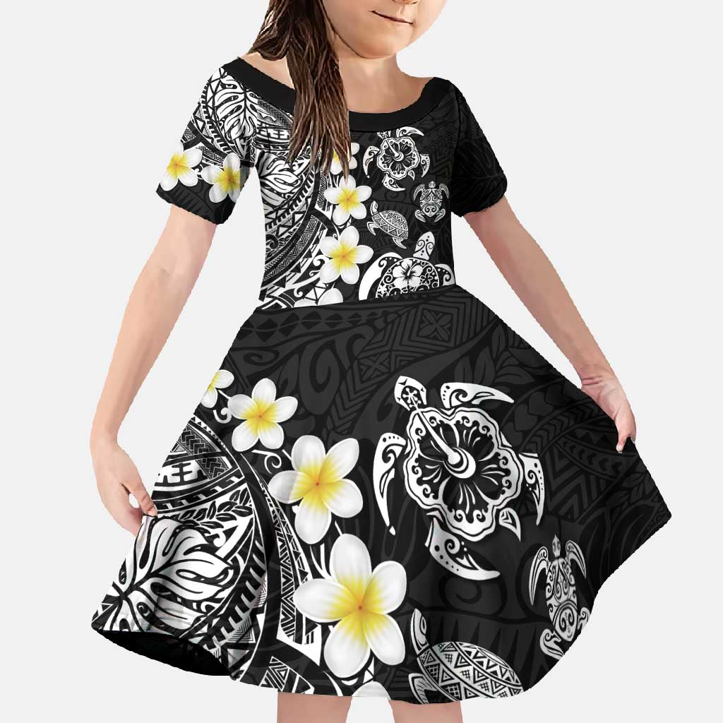Hawaiian Plumeria Turtles Family Matching Long Sleeve Bodycon Dress and Hawaiian Shirt Polynesian Art Tattoo LT03 Daughter's Dress Black - Polynesian Pride