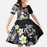 Hawaiian Plumeria Turtles Family Matching Long Sleeve Bodycon Dress and Hawaiian Shirt Polynesian Art Tattoo LT03 Daughter's Dress Black - Polynesian Pride