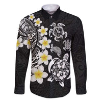 Hawaiian Plumeria Turtles Family Matching Off Shoulder Maxi Dress and Hawaiian Shirt Polynesian Art Tattoo LT03 Dad's Shirt - Long Sleeve Black - Polynesian Pride