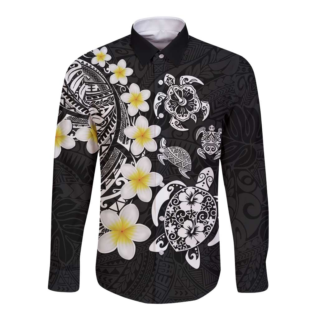 Hawaiian Plumeria Turtles Long Sleeve Button Shirt Polynesian Art Tattoo