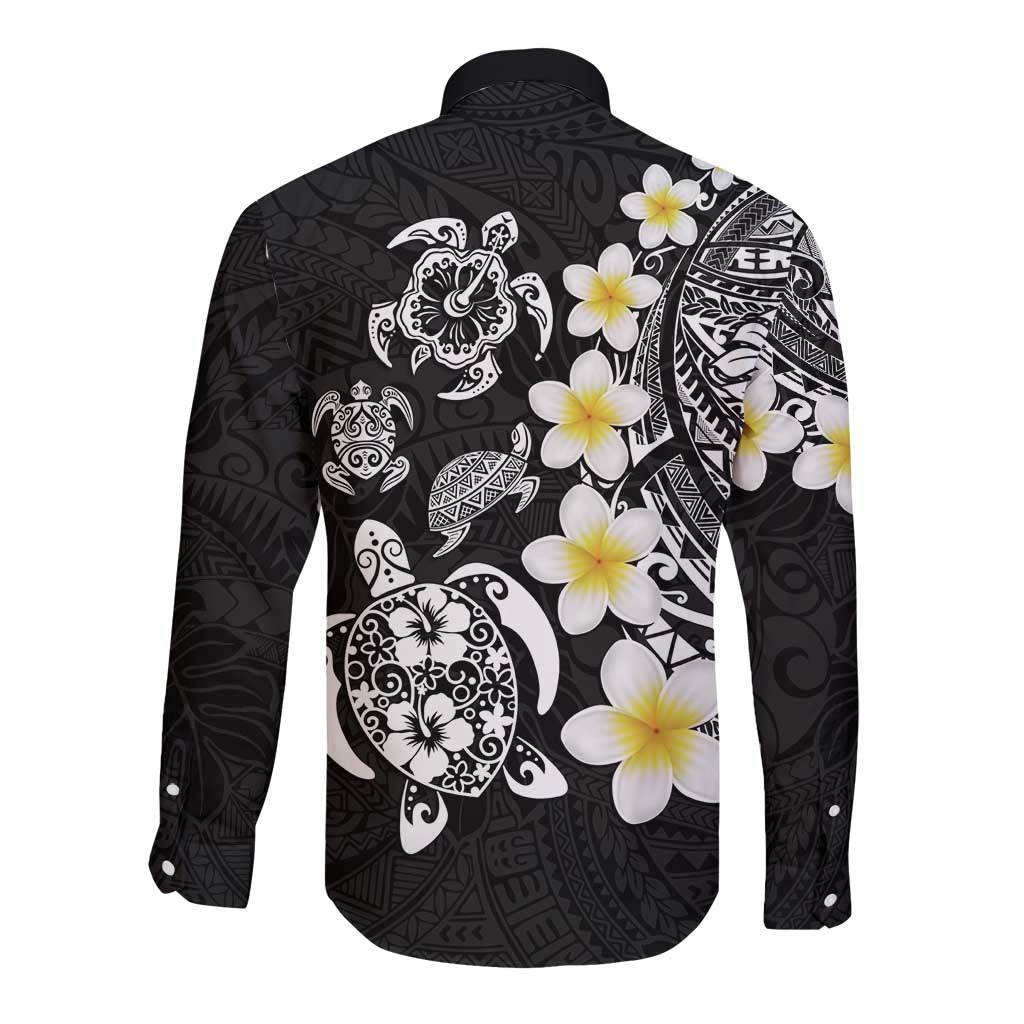 Hawaiian Plumeria Turtles Long Sleeve Button Shirt Polynesian Art Tattoo