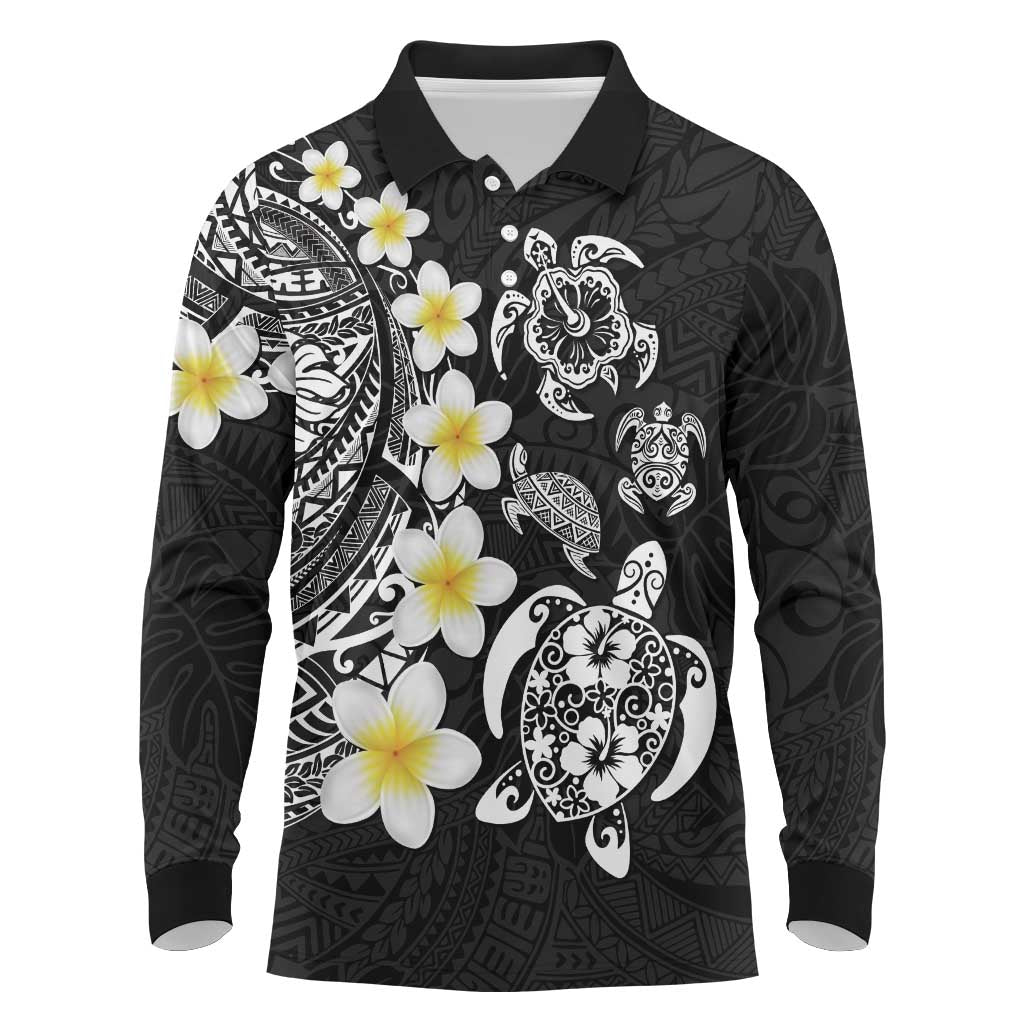 Hawaiian Plumeria Turtles Long Sleeve Polo Shirt Polynesian Art Tattoo LT03 Black - Polynesian Pride