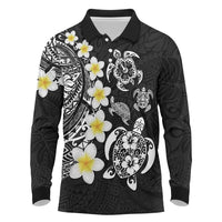 Hawaiian Plumeria Turtles Long Sleeve Polo Shirt Polynesian Art Tattoo LT03 Black - Polynesian Pride