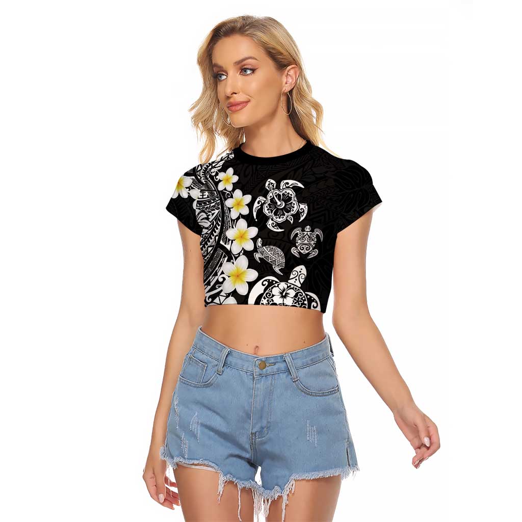 Hawaiian Plumeria Turtles Raglan Cropped T Shirt Polynesian Art Tattoo LT03 Female Black - Polynesian Pride