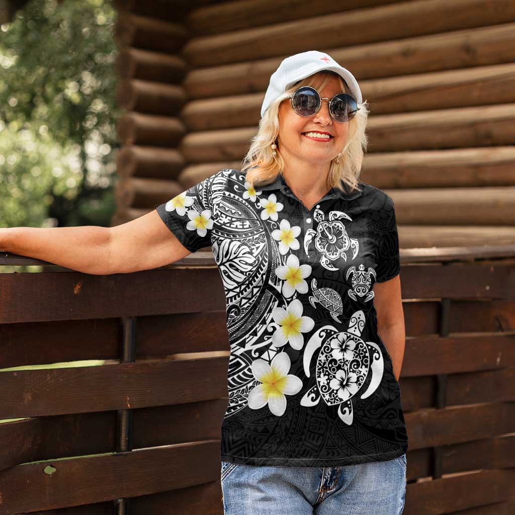 Hawaiian Plumeria Turtles Women Polo Shirt Polynesian Art Tattoo