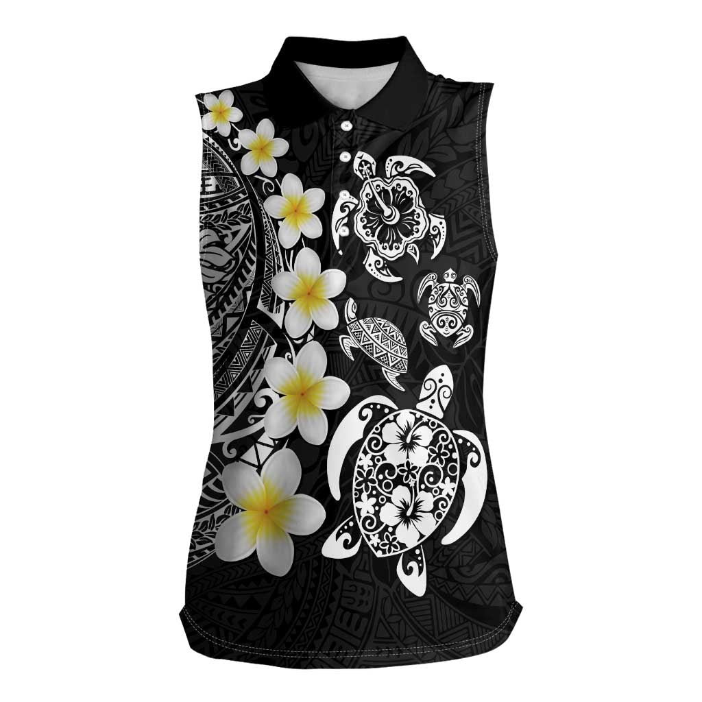 Hawaiian Plumeria Turtles Women Sleeveless Polo Shirt Polynesian Art Tattoo